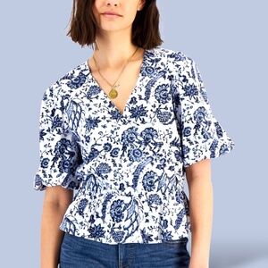 INC INTERNATIONAL CONCEPTS 100% Cotton Knit Surplice Front Bubble Sleeve Top L